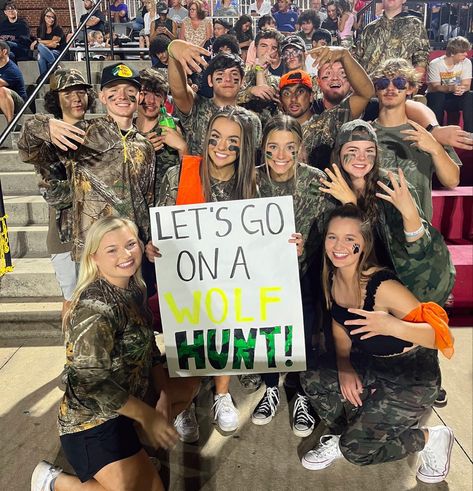 Pep Rally Poster Ideas Sophomore, Camouflage Football Game Theme, Camo Outfits For Football Games, Camo Theme Football Game Signs, Color Wars Pep Rally, Camo Football Game Theme Signs, School Spirit Football Games, Camo Theme Football Game Outfits, Friday Football Outfit