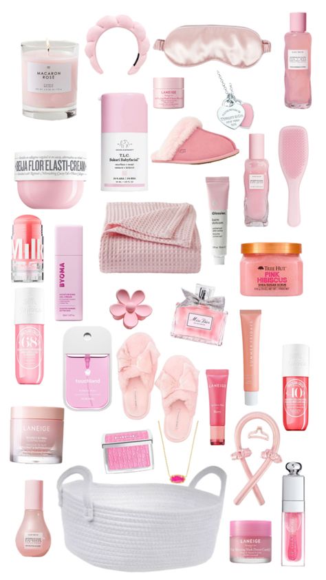 #pink gift basket ideas!! btw it isnt get all of this bc thats A LOT just what you would be appreciated 🩷🩷 hope this helps! 🌸✨💗#coquette #barbie #preppy #selfcare #cosy #gift #spa #treat #love #giftinspo #preppy #aesthetic Pink Teen Gifts, Pink Gift Box Aesthetic, Make A Gift Basket Preppy, All Pink Gift Basket Ideas, Girly Birthday Gift Ideas, Birthday Present Ideas For Yourself, Sleepover Box Gift Ideas, Pink Birthday Wishlist, Spa Birthday Aesthetic