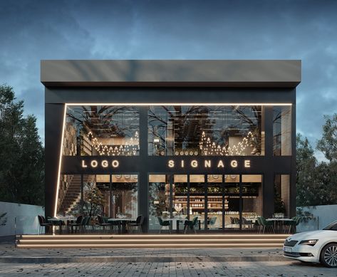 Commercial Storefront Design, Luxury Cafe Exterior, Luxury Restaurant Exterior, Cafe Facade Design, Commercial Facade Design, Modern Commercial Building Exterior, Office Facade Design, Commercial Building Exterior, Cafe Facade