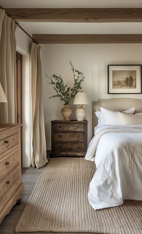 Antique dresser and bed in modern French country bedroom. This modern French country bedroom combines rustic charm with elegant simplicity. The focal point is a vintage-inspired iron bed frame, dressed in crisp white linens and adorned with soft, pastel throw pillows. The walls are a muted, neutral beige, providing a calm and cozy atmosphere. A distressed wooden nightstand holds a simple lamp and a few cherished books, adding a touch of rustic warmth. The floor is covered with a plush area rug Entire Bedroom Ideas, Modern Cottage Decor Bedroom, Cotswold Cottage Interior Bedroom, European Farmhouse Master Bed, Rustic White Bedroom Ideas, Nancy Myers Homes Aesthetic Bedroom, Rustic Neutral Bedroom, French Country Coastal Decorating, Bedroom Ideas White Bed Frame