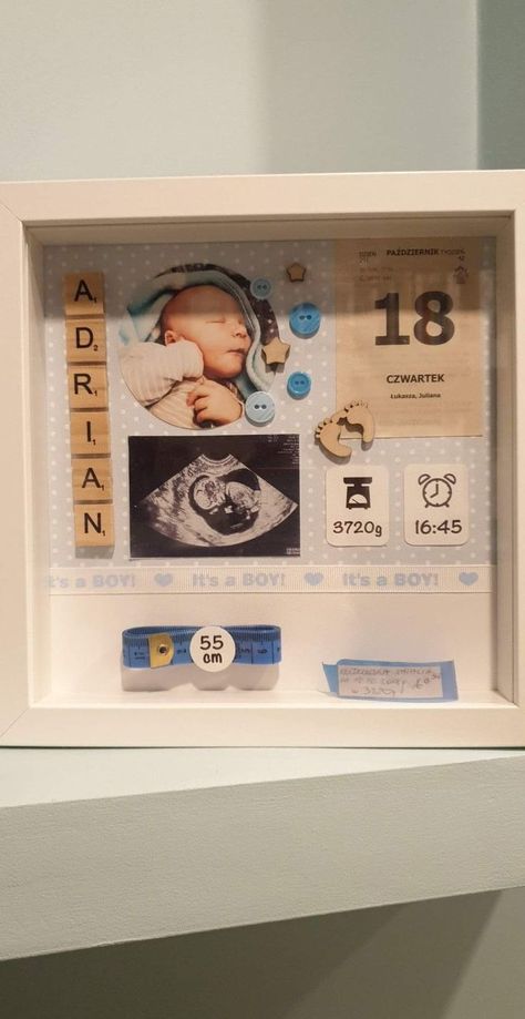 Photo Frame For Newborn, Surprise Godparents Ideas, Nursery Shadow Box Ideas, Newborn Frame Ideas, Newborn Keepsake Ideas Diy, Newborn Memory Ideas, Newborn Shadow Box Ideas, Baby Album Ideas Scrapbooking, Newborn Keepsake Ideas