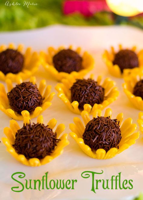 We'll take a whole bouquet of these to go, please. Get the recipe from Ashlee Marie » Sunflower Truffles, Chocolate Sunflower, Sunflower Cupcakes, Bridal Shower Desserts, Sunflower Cakes, Shower Desserts, Enjoy Your Meal, Bridal Shower Food, Shower Food