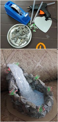 DIY Hot Glue Waterfall Fairy Furniture, Diy Fairy Door, Fairy Garden Furniture, Fairy House Diy, Fairy Garden Crafts, Fairy Garden Designs, Garden Crafts Diy, Fairy Crafts, Fairy Garden Houses