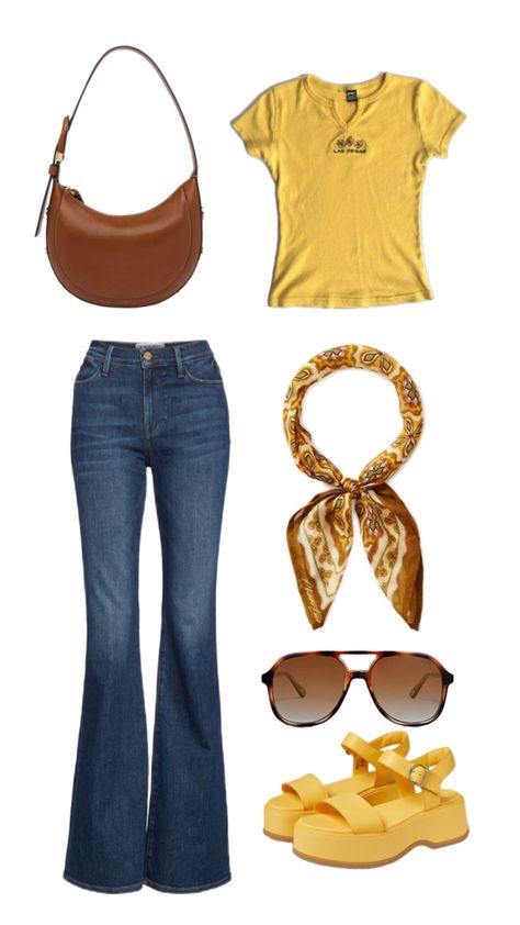 Retro 70s inspired outfit collage featuring a yellow t-shirt, high-waisted jeans 70s Aesthetic Womens Fashion, 70s Style Jeans, Yellow And Jeans Outfit, Cute Groovy Outfits, 70s California Fashion, Yellow Shirt And Jeans Outfit, Casual 70s Outfits Summer, Colorful 70s Outfits, Diy 60s Outfit