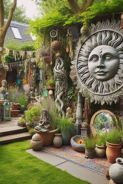 Welcome to a groovy collection of hippie garden ideas! From peaceful pathways to whimsical wind sculptures, discover how to infuse your outdoor space with bohemian charm and vibrant creativity. Boho decor, backyards, outdoor spaces, small, DIY, patio, farmhouse, landscaping, boho theme. Beautiful Patio Ideas Outdoor Spaces, Sanctuary Garden Ideas, Unique Garden Art Creative Ideas, Whimsical Outdoor Decor, Witchy Patio, Boho Garden Ideas Diy, Wild Garden Ideas, Bohemian Garden Ideas, Hippie Backyard