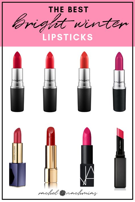 A roundup of some of the beat bright winter lipstick shades on the market from well-loved brands. #brightwinter #brightwintermakeup #brightwintercolorpalette Makeup For Clear Winter, Lipstick For Bright Winter, Winter Season Lipstick, Bright Winter Color Palette Lipstick, Clear Winter Lipstick, House Of Colour Winter Lipstick, Clear Winter Lipstick Colors, Lipsticks For Winters, Bright Winter Eyes