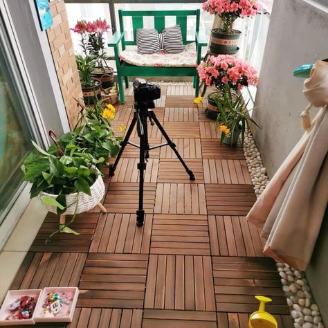 "The interlocking design makes it quick and easy to assemble these wooden tiles. They have interlocking snaps on the back, no tools required. Just simply snap them together and place them wherever you want. ▼DECORATIVE WOODEN DECKING FLOOR TILES - Set of 9 pieces Decorative tiles are designed to quickly transform your flooring without any effort. This is an instant makeover of your balcony, veranda or bathroom. The tiles can be laid in two directions to create a unique pattern ▼DIMENSIONS (one t Deck Tiles Patio, Brown Flooring, Balcony Tiles, Wood Deck Tiles, Deck Flooring, Interlocking Deck Tiles, Interlocking Flooring, Balcony Flooring, Deck Tiles