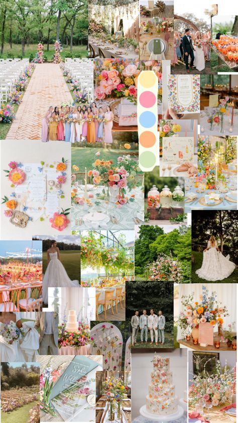 Gold And Wildflower Wedding, Wedding Color Inspo Spring, May Wedding Ideas Outdoor, Boho Pastel Wedding, Spring Wedding Colors Pastel, Summer Wedding Bright Colors, Yellow Blue And Pink Wedding, Garden Wedding Uk, Spring Wedding Outside