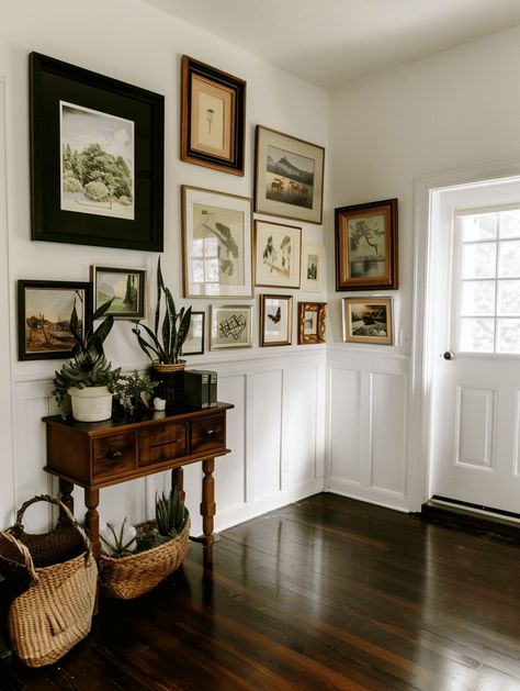 Small Entryway Ideas: Gallery Wall of Travel Memories Entrance Way Gallery Wall, Gallery Wall Door, Entryway Next To Door, Small Entryway Landing, Front Entry Furniture, Long Wall Entryway, Small Landing Space Ideas Upstairs, Small Home Hallway Ideas, Small Entryway Room