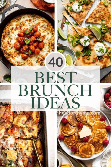 An epic brunch spread is my favorite way to start the day on a slow weekend morning. We are sharing over 40 best brunch ideas including classic breakfast staples like pancakes and scrambled eggs, to more modern recipes like avocado toast and buddha bowls, to sweet treats like French toast and cinnamon rolls. And if you're looking for vegetarian, gluten-free, or kid-friendly options, we've got a brunch recipe for you too. | aheadofthyme.com #brunchideas #brunchrecipes #brunchmen via @aheadofthyme Winter Brunch Food Ideas, Brunch Food Menu Ideas, Brunch Group Ideas, Crazy Brunch Ideas, Brunch Ideas For Restaurant, Delicious Brunch Ideas, Easy Brunch Ideas For Two, Winter Brunch Recipes, Eggs Brunch Recipes