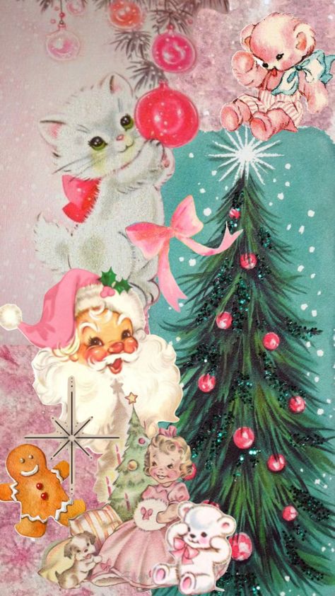 Christmas Kitty Wallpaper, Pink Vintage Christmas Wallpaper, Pink Christmas Tree Wallpaper Iphone, Holiday Vibes Christmas, Vintage Christmas Kitsch, Pink Vintage Christmas Tree, Pink Christmas Aesthetic Decor, Pink Retro Christmas Aesthetic, Vintage Christmas Wallpaper Backgrounds