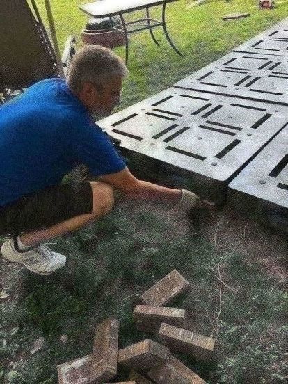 Plastic pallet patio We helped my son and his wife with a patio build for their rental home. They can make changes but if it changes the home or yard they have to leave it. So, my son got creative not wanting to leave their project; making it portable for the next place or reuse it another way. My son found these pallets on Craig’s list for $8 a piece. They purchased 30 of them. Just like the wooden ones but theses are plastic and more solid for very heavy machinery of some sort.… Renters Patio Ideas, Renters Backyard Ideas, How To Build A Patio On A Budget, Renter Backyard Ideas, Plastic Pallets Projects, Plastic Pallet Deck, Diy Wooden Patio, Diy Pallet Patio Deck, Backyard Ideas For Renters