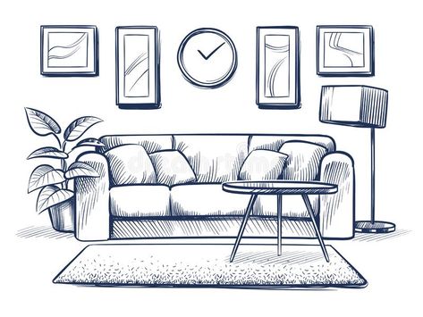 Sketch interior. Doodle living room with sofa, cushions and picture frames on wall. Freehand drawing home vector stock illustration Sofa Drawing, Interior Design Sketchbook, Drawing Furniture, Seni Pastel, Furniture Sketch, Perspective Drawing Architecture, Furniture Design Sketches, Interior Architecture Drawing, Drawing Interior