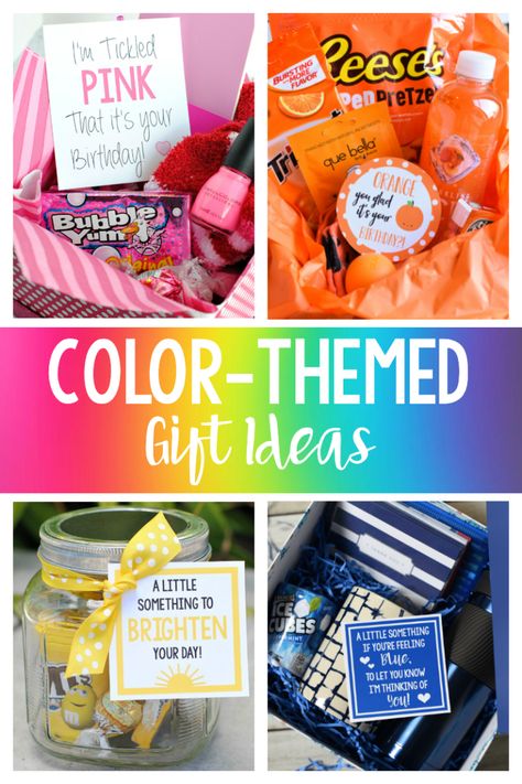 Color Themed Gift Basket Ideas-Whether you need a birthday gift, a thank you gift, or just want to brighten someone's day, these color themed gifts are fun to give and to receive! #birthdaygifts #justbecausegifts #thankyougifts #giftideas #giftbaskets #colorthemedgifts Colored Themed Gifts, Color Themed Gift Baskets Party, You Are My Sunshine Gift Basket, Colorful Gift Basket Ideas, Color Gifts Baskets, Color Birthday Boxes, Fun Gift Box Ideas, Color Themed Birthday Gift Baskets, Boxed Gift Ideas