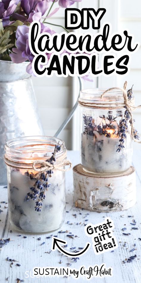 Mason Jar Candle Decorating Ideas, Cute Diy Candle Ideas, Candle Making Ideas Decor, Diy Botanical Candles, Lavender Candle Recipe, Candle Making Molds Diy, Cute Candle Making Ideas, Soy Wax To Fragrance Oil Ratio, Dollar Store Candles Diy