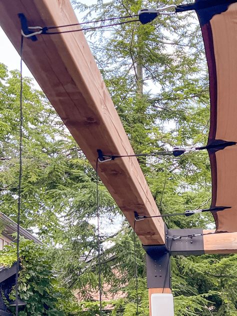 Pergola Roof Ideas Waterproof Diy, Diy Pergola With Retractable Shade, Diy Shade Pergola, Cool Pergola Ideas, Canvas Pergola Cover, Easy Diy Shade Structure, Porch Canopy Ideas Patio Shade, Diy Cantilever Pergola, Back Porch Covering