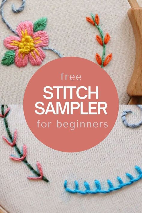 Embroidery Stitch How To, Embroidery Stitch Sampler Pattern, Embroidery Learning Pattern, Beginner Embroidery Stitches Free Pattern, Easy Beginner Embroidery Projects, Fast Embroidery Stitches, Free Embroidery Patterns Hand, Beginner Embroidery Sampler, Learning Embroidery Stitches