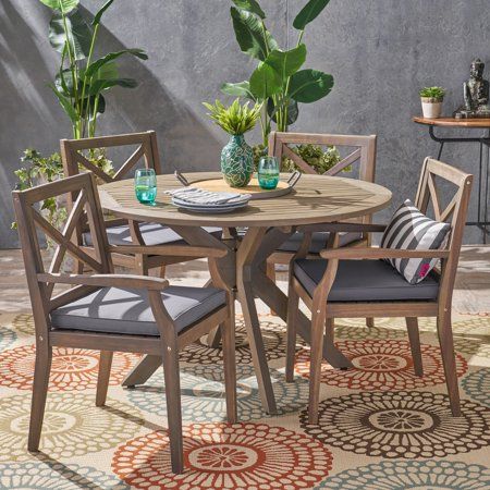 Josephine Outdoor 5 Piece Acacia Wood Round Dining Set with Cushions, Gray, Dark Gray High Dining Table, Dining Table Dimensions, Round Dining Set, Outdoor Deck Furniture, Outdoor Dining Chair Cushions, 4 Dining Chairs, Dining Chair Cushions, Deck Furniture, Christopher Knight