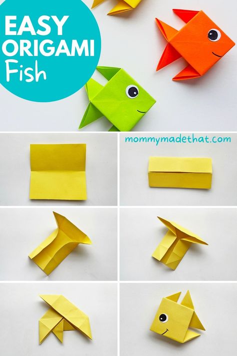 Easy Origami Tutorial Step By Step, Origami Using Sticky Notes, Origami Easy Fish, Origami Ideas Easy For Kids, Ocean Paper Crafts, Fish Origami Easy, Paper Fish Diy, Origami Fish Tutorial, Origami Ocean Animals