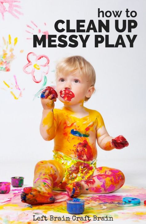 Tips, tricks and hacks for cleaning kids' favorite messy play materials like paint, glitter, and play dough.  I'm not letting the mess keep away the fun!  #sensory #parenting Baby Cleaning, Sensory Bin Play, Playful Parenting, Brain Craft, Left Brain, Kids Cleaning, Messy Play, Toddler Play, Play Ideas