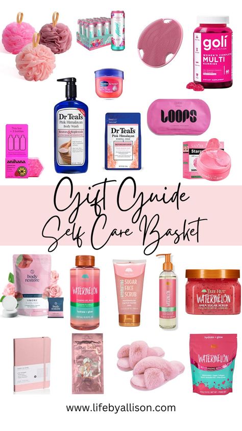 Self care gift, gift for her, gift idea, self care gift bsket, gift guide Diy Self Care Box Ideas Gift, Self Care Present Ideas, Small Self Care Gifts, Christmas Self Care Basket, Self Care Kits For Women, Self Care Birthday Basket, Self Care Basket Ideas For Women, Beauty Basket Gift Ideas, Self Care Goodie Bags