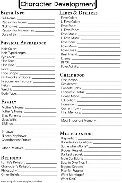 Writing Inspiration | Character Development Chart | Fill one out for each of your major characters to help you create deeper characters with rich backstories Character Sheet Writing, Writing Inspiration Characters, Menulis Novel, Writing Inspiration Tips, Writing Plot, Writing Fantasy, Writing Promts, Creative Writing Tips, Writing Dialogue Prompts