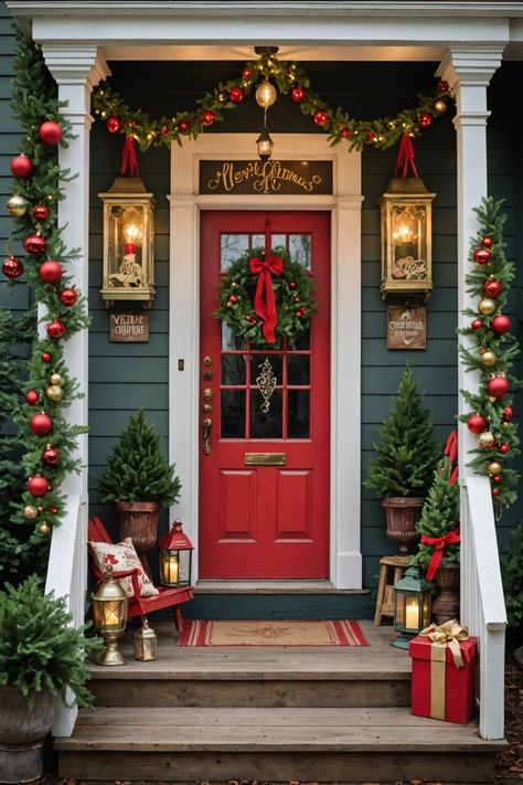 Front Porch Poinsettia, Christmas Porch Aesthetic, Christmas Outdoors Decorations, Christmas Porch With Columns, Christmas Covered Porch, Front House Christmas Decorations, Mid Century Modern Christmas Tree Ideas, Candy Cane Porch Decorations, Christmas Decor Outside House