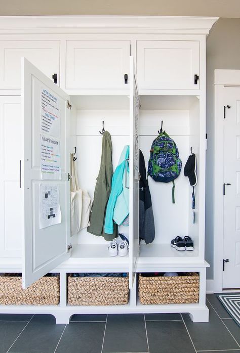 Lake House Mudroom, White Lockers, Blue Mudroom, House Mudroom, Armoire Entree, Mudroom Remodel, Gray Painted Walls, Mud Room Entry, Mudroom Lockers