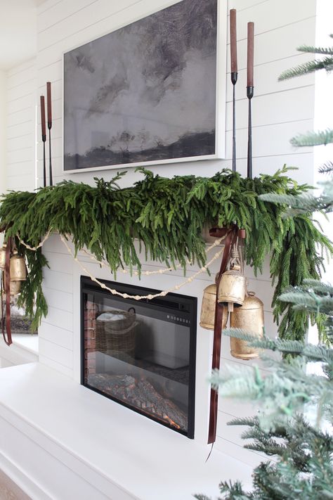 Garland On Mantle, Norfolk Pine Garland, Banister Garland, Front Door Garland, Garland Table Runner, Mantel Garland, Holiday Fireplace, Stair Banister, Fireplace Garland