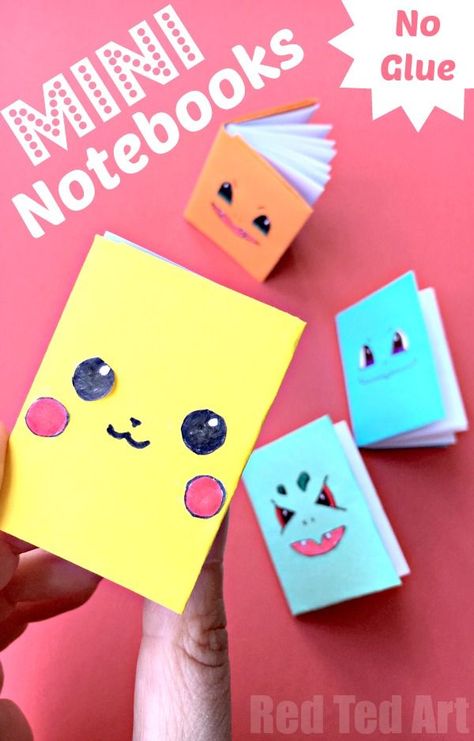 No Glue Paper Book - these DIY Mini Books are super easy to make. I love that this paper notebook craft has a colourful cover sheet and white pages on the inside. Giving you lots of options of how to decorate your no glue paper book craft! Origami Notebooks are so so so fun to make! Great for a Doll's craft too. Here we turned ours into Pokemon Notebook characters! Useful Origami Projects, Paper Books Diy, Paper Crafts No Glue, Diy Mini Books, Pokemon Kids Craft, Diy Paper Book, Pokemon Notebook, Origami Notebook, White Paper Craft