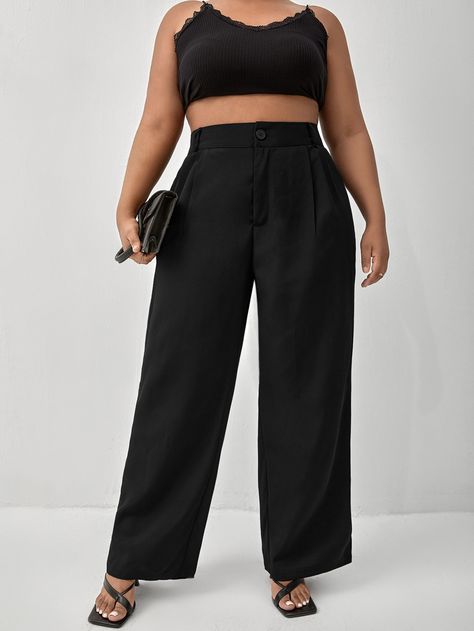 Black  Collar  Fabric Plain Straight Leg Embellished Non-Stretch  Plus Size Suits Pleated Pants Plus Size, Black Official Pants Outfit, Formal Pants Plus Size Women, Plus Size Trousers Outfit High Waist, Trousers For Curvy Women, Formal Outfits For Women Plus Size, Plus Size High Waisted Pants, Plus Size Wide Leg Pants Outfit, Pleated Pants Outfit