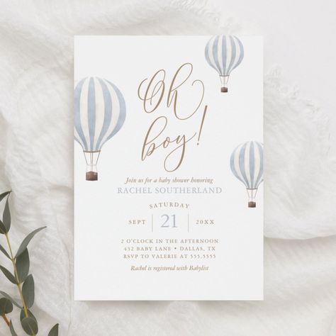 Hot Air Balloon Invitation, Blue Hot Air Balloon, Balloon Invitation, Blue Baby Shower Invitations, Boy Shower Invitations, Baby Shower Invitaciones, Baby Shower Supplies, Boy Baby Shower Themes