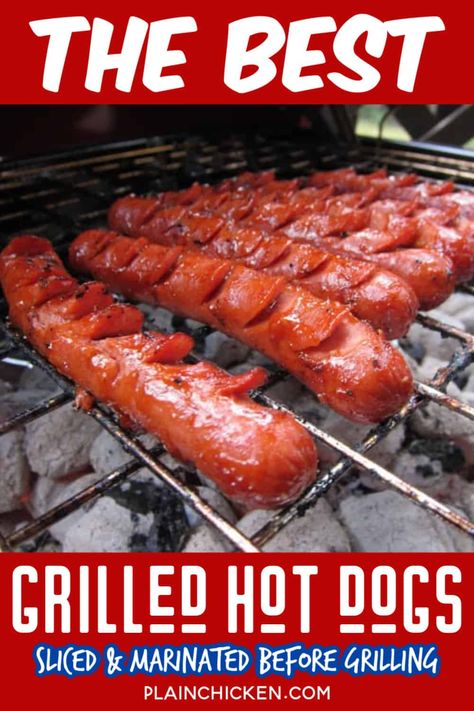 Grill Hot Dogs, Grilled Hot Dogs, Garlic And Oil, Grilling Hot Dogs, Hot Dogs Recipes, Hot Diggity Dog, Hot Dog Recipes, On The Grill, Dog Recipes