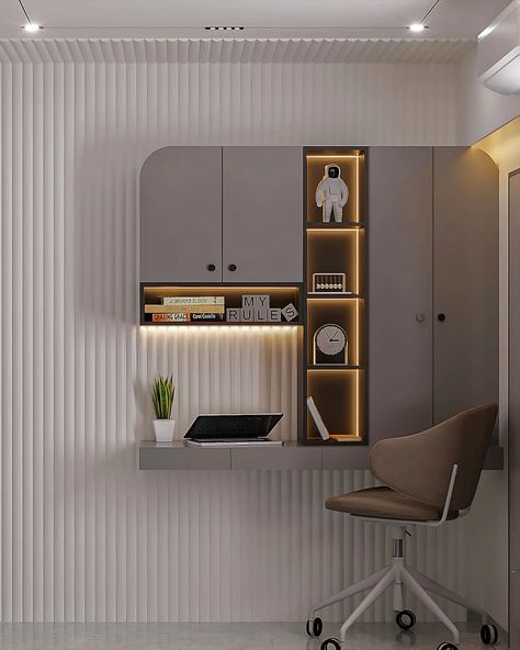 Monochromatic Design 🖤 Study table Op.2 Visualized by : @milannchauhan @atmosintrios Designed by : @nayanmeghani @ma_architects.surat #interiordesign #studytable #childrenroom #homedecor #archviz #homeinterior Study Table In Room, Hidden Study Table In Wardrobe, Study Table In Wardrobe, Study Table For 2, Hidden Study Table, Study Unit Designs, Hidden Study, Study Table Design, Study Tables