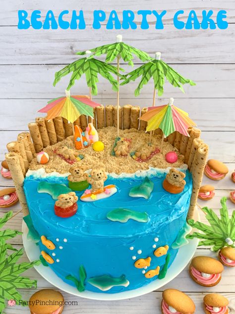 Teddy Graham Beach, Beach Party Cake, Ocean Birthday Cakes, Beach Birthday Cake, Cake Decorating For Kids, Pool Party Cakes, Pool Cake, Kreative Snacks, Ocean Cakes