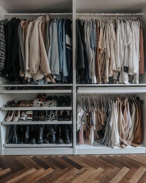 Open Pax Wardrobe, Good Wardrobe Aesthetic, Ikea Pax Open Wardrobe, Open Wardrobe Aesthetic, Full Wardrobe Aesthetic, Wardrobe Aesthetic Organisation, Pax Wardrobe Organization, New Wardrobe Aesthetic, Pax Organisation