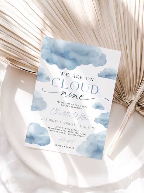 ON CLOUD NINE | Baby Shower Invitation Template, Printable, Dusty Blue, Baby Boy, We Are On Cloud 9 Invite, Digital Download On Cloud Nine, Bridal Shower Invitations Templates, Invitation Baby Shower, Cloud Nine, Baby Shower Invites, Baby Shower Invitation Templates, Baby Shower Theme, Cloud 9, Birthday Invitation Templates