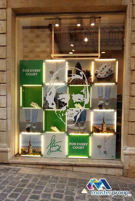 Window display for Adidas lebanon made by Mastergrouphldg Converse Window Display, Product Display Retail Creative, Adidas Window Display, Shoes Window Display, Shoe Window Display, Adidas Display, Photo Album Display, Fashion Window Display, Window Brands