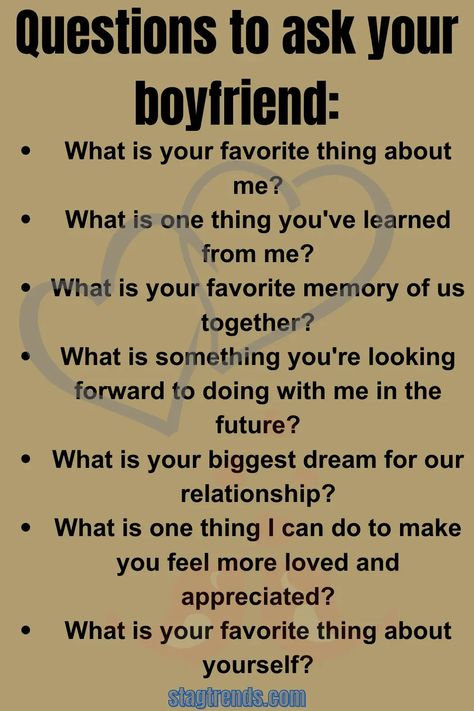 Questions to ask your boyfriend Ask Your Bf These Questions, Things To Know About Your Bf, What To Ask Boyfriend, Asking Questions To Boyfriend, Good Question To Ask Your Boyfriend, Bf Test Questions, Things A Boyfriend Should Do, Random Questions For Boyfriend, Question For Husband