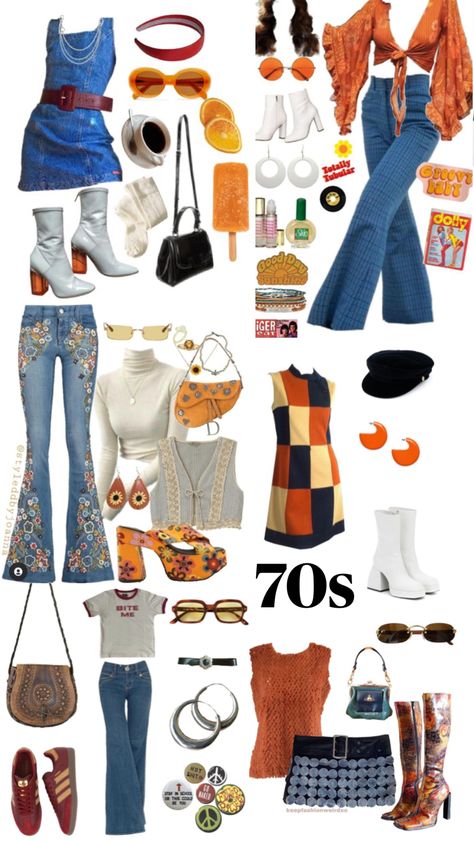 NOT MY COLLAGES I JUST PUT THEM TOGETHER!!! 70’s Outfit, 70’s Outfits, 70s Inspired Outfits, 70 Outfits, Moda Hippie, Outfits 70s, Mode Hippie, 70s Inspired Fashion, 70s Outfits