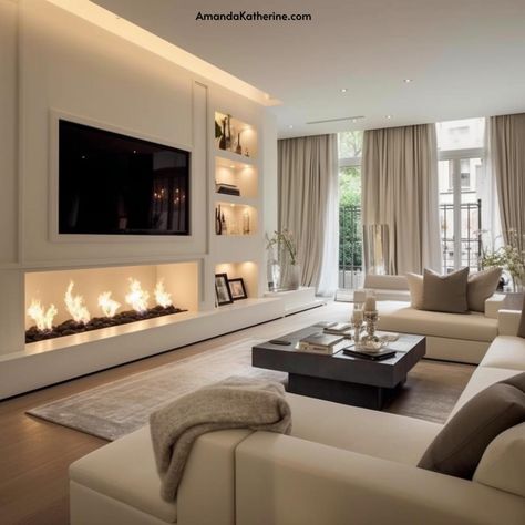 31 Stunning Fireplace Wall Ideas with a TV for your Living Room - Amanda Katherine Tv Mounted, تصميم داخلي فاخر, Living Room Decor Fireplace, Living Room Design Inspiration, Dream House Rooms, Home Design Living Room, Fireplace Wall, Dream House Interior, Decor Home Living Room