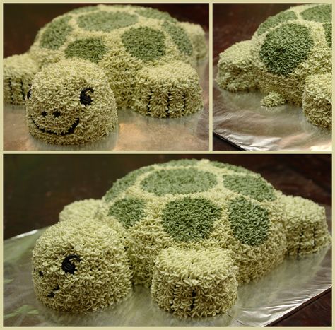 Turtle cake - made for libby's 12th birthday.  used cupcakes for head and limbs.  body was a 9" round with a smaller round atop and shaved down.  make a double batch of ATK Fam frosting next time and make light green frosting lighter Tortoise Cake, Turtle Birthday Cake, Turtle Cake, Vintage Cakes, Peanut Butter Cake, Turtle Birthday, Turtle Party, Diy Treats, Animal Cakes