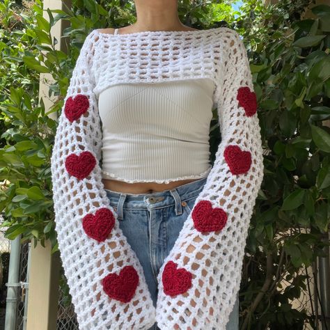 ✦ Made to order: Please allow 10-21 days for production before being shipped ✦ Shrug order cancellation must be done within 24 hours of time of purchase ✦ Handmade crochet bolero shrug ✦ Heart sleeves details ✦ Good Stretch ✦ Model normally wears size small ✦ 100% acrylic ✦ Recommend handwashing and laying flat to dry ✦ Please read measurements carefully to ensure a good fit for you :) Bell Sleeve Crochet Pattern Free, Cute Clothes To Crochet, Easy Crochet Clothes Ideas, Small Useful Crochet Projects, Crochet Ideas Clothes Summer, Red Crochet Projects, Crochet Sleeves Pattern, Clothes To Crochet, Crochet Shrug Sleeves