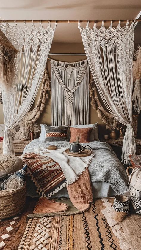 Earthy Bedroom Ideas! 25+ Calming Earthy Bedroom Ideas... Earthy Tapestry Bedroom, Boho Earthy Bedroom, Boho Cozy Bedroom, Hippie Bedroom Ideas, Rustic Boho Bedroom, Earthy Room, Japandi Boho, Boho Homes, Earthy Bedroom Ideas