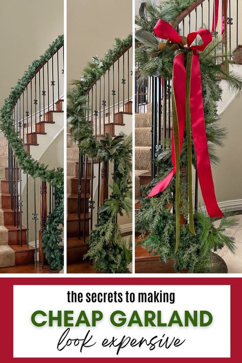 How to Make Cheap Garlands Look Lush and Expensive Diy Christmas Decorations For Stairs, Diy Cheap Garland, Swag Garland Christmas, Diy Christmas Banister Decorations, Bannister Christmas Decor Garlands, How To Tie Garland To Stairs, Garland Wrapped Staircase, How To Style Garland, Stair Railing Ideas For Christmas