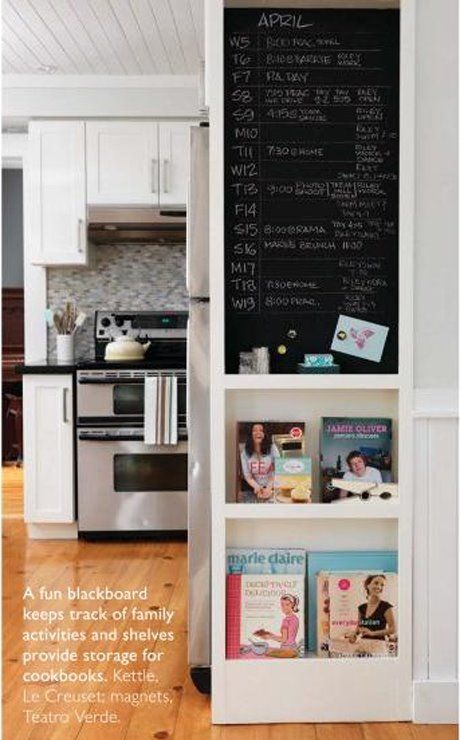 Kitchen blackboard Cookbook Shelves, Kitchen Blackboard, Kitchy Kitchen, Modern Country Living, Cookbook Shelf, Board Shelf, Narrow Shelves, Pantry Wall, Entertainment Wall