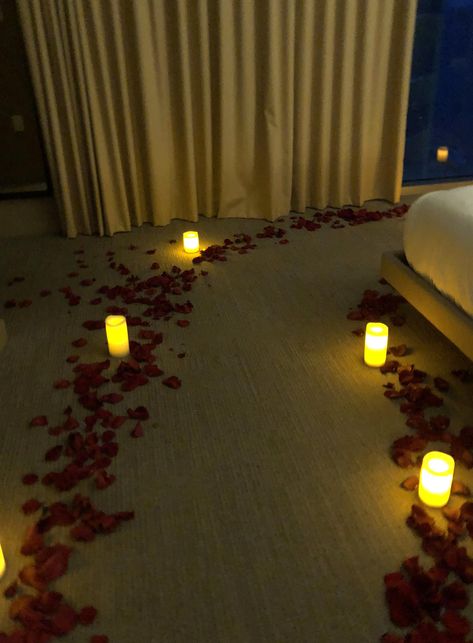 The romantic hotel room decoration with real rose petals candles and flowers We also serve cool champagne and strawberries covered with chocolate Package Room makeover for 300 Wedding Night Bedroom, Hotel Room Decoration, Honeymoon Rooms, Romantic Hotel Rooms, Wedding Night Room Decorations, Rose Petal Candle, Romantic Room Surprise, Romantic Room Decoration, Bedroom Candles