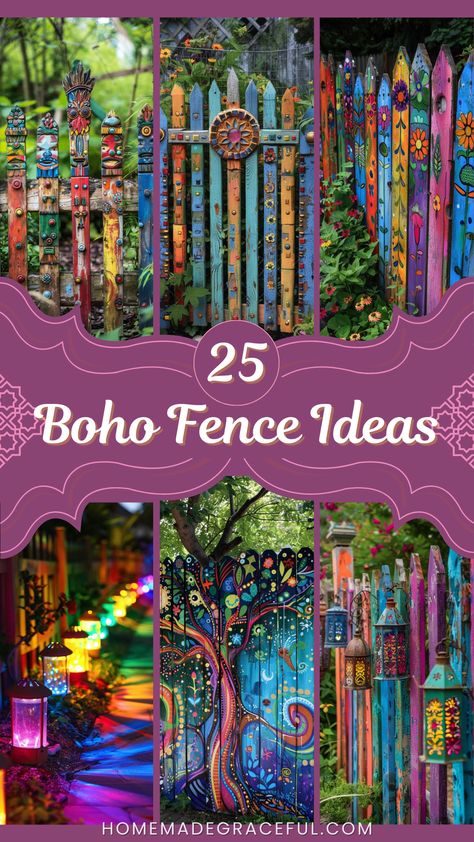 boho fence ideas Unique Fence Design, Unique Backyard Fence Ideas, Back Fence Decorating Ideas, Wooden Garden Art Diy, Diy Outdoor Porch Decor, Cheap Fencing Ideas Budget, Wooden Garden Fence Ideas, Backyard Garden Fence Ideas, Fence Decorations Ideas