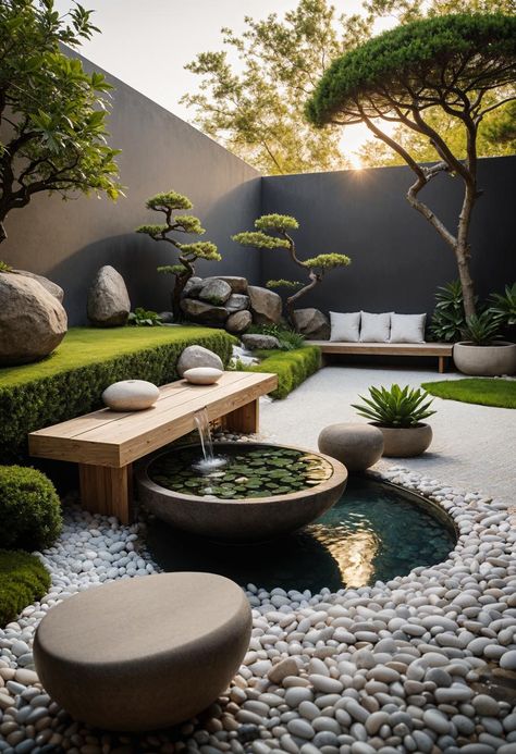 Ready to dig into some small garden layout ideas that defy their size? Let's get started! Home Outside Garden Ideas, Small Backyard Landscape Design, Low Maintenance Backyard Design, Zen Courtyard Ideas, Rooftop Gym Ideas, Zen Backyard Landscaping, Japanese Small Garden, Zen Water Features, Minimal Garden Design