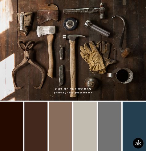 a rust-inspired color palette // coffee, chestnut brown, tan, dirty silver, metal gray, steel blue Master Color Schemes, Bathroom Colors Gray, Rustic Master, Kitchen Apartment, Bedroom Rustic, Kitchen Decor Apartment, Room Paint Colors, Living Room Wood, Room Color Schemes